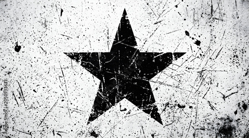 Distressed black star symbol on a textured white grunge background with scratches and splatters