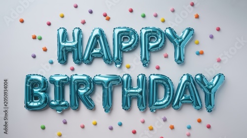 Shiny blue metallic foil balloons forming a happy birthday message decorated with small colorful candy stars and round sugar sprinkles
