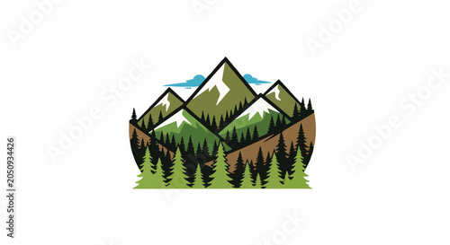 Stylized mountain range with snow-capped peaks and evergreen forest