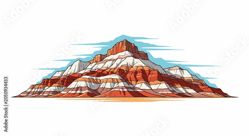 Stylized layered sandstone mountains with blue sky streaks