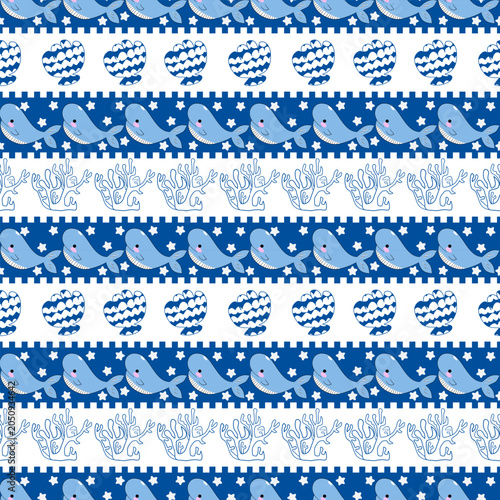 Cute Blue Whale and Sea Life Seamless Nautical Pattern