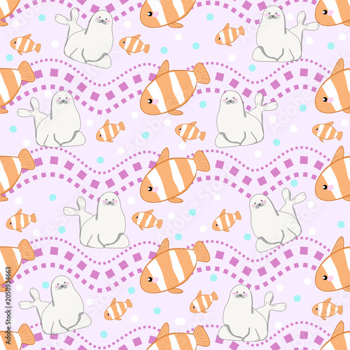 Cute Seamless Pattern with Seals and Clownfish on Purple Background