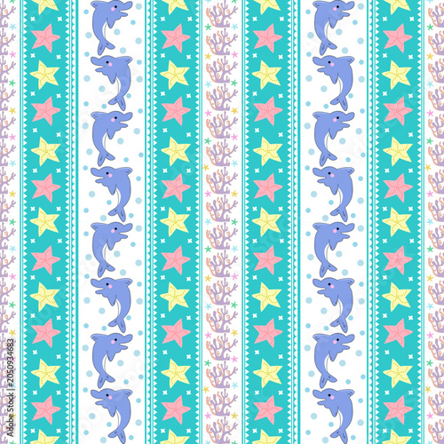 Cute Nautical Dolphin and Starfish Seamless Pattern