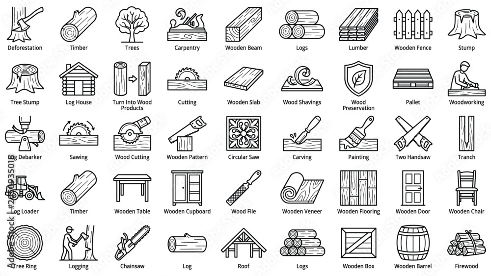 Fototapeta premium Collection of line icons related to wood and woodworking processes