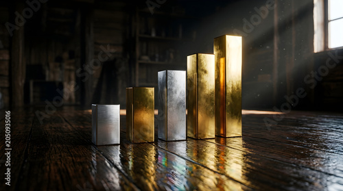 Five vertical metallic bars of varying heights arranged in a row on a rustic wooden floor with soft natural lighting