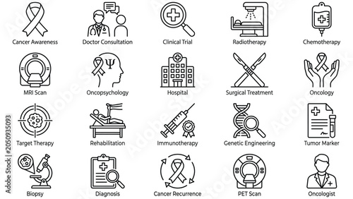 Obraz na płótnie Set of black line icons for various cancer related medical concepts and treatmen