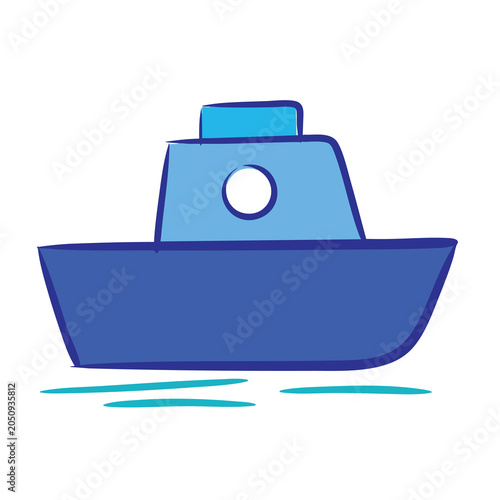Simple hand drawn blue boat illustration on white background.