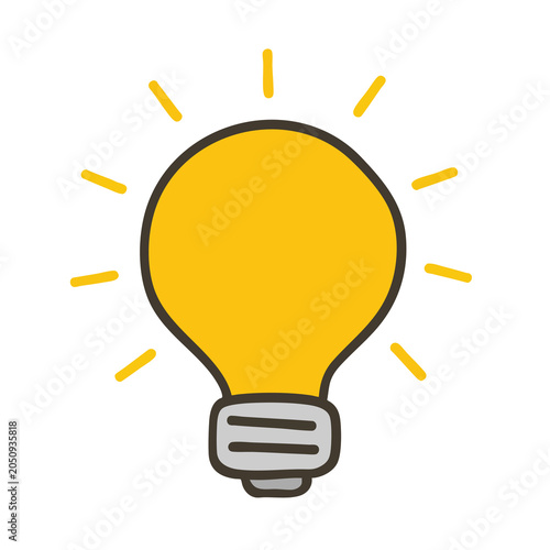 Simple hand drawn glowing yellow light bulb icon representing a creative idea or inspiration.