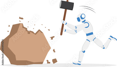 Obraz na płótnie White futuristic robot breaking a rock with a hammer