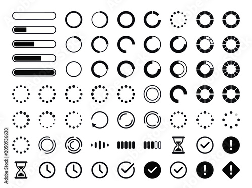 Collection of loading bar and spinner icons for various digital interfaces.