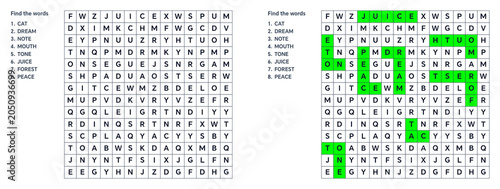 Filword,word search activity,Word Search Puzzle,Hidden word puzzle, Puzzle for kids. Word search puzzle with highlighted words in grid layout  