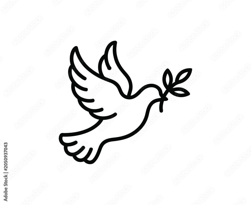 Fototapeta premium Dove icon illustration with olive branch in its beak flying freely