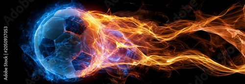 A soccer ball emits power streams of blue and orange energy.