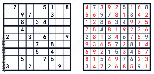 Sudoku,sudoku classic,sudoku easy,sudoku classic hard, sudoku with answers.sudoku puzzles,sudoku for kids, sudoku logic puzzle. Sudoku puzzle with completed grid and highlighted numbers  