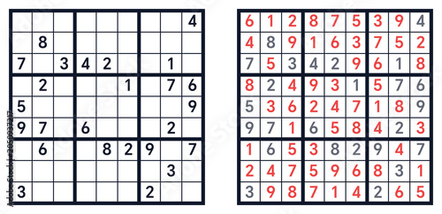 Sudoku,sudoku classic,sudoku easy,sudoku classic hard, sudoku with answers.sudoku puzzles,sudoku for kids, sudoku logic puzzle. Sudoku game examples with solved and unsolved puzzles displayed  