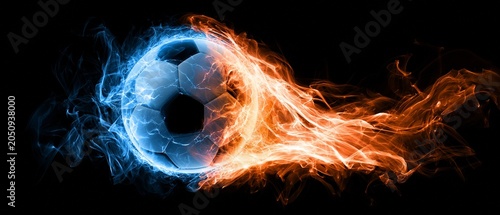 A soccer ball emits power streams of blue and orange energy.