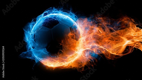 A soccer ball emits power streams of blue and orange energy.