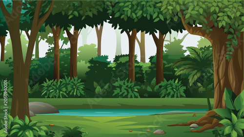 Lush Forest Scene With Trees And Small Pond Vector Illustration
