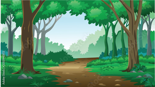 Fotografía Lush Forest Scene With A Winding Dirt Pathway