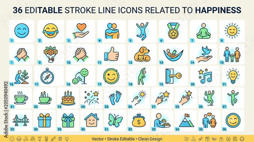 Schilderij op canvas Collection Of Thirty Six Editable Stroke Line Icons Related To Happiness And Pos