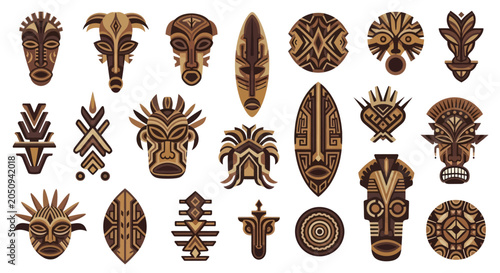 Billede på lærred Collection of diverse tribal masks and ethnic patterns, showcasing rich cultural heritage and artistic craftsmanship