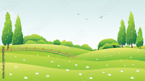 Vászonkép Pastoral landscape with rolling hills and cypress trees vector illustration