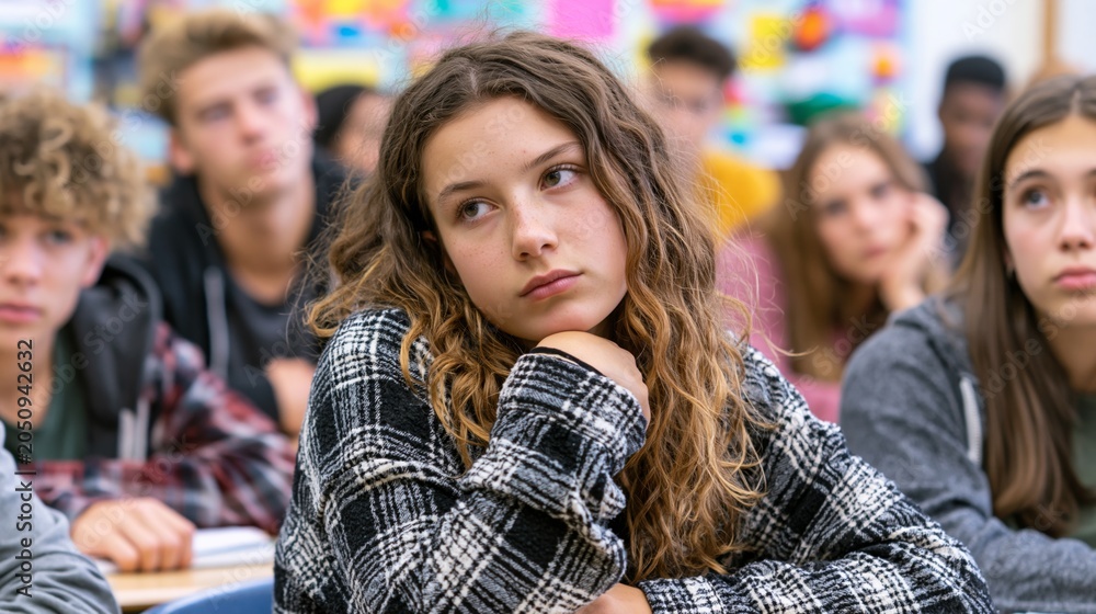 Fototapeta premium Diverse students sitting silently in classroom before teacher arrives, subtle nervous energy, realistic candid expressions, documentary photography style