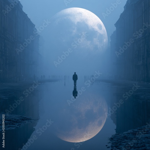 Lone figure standing beneath colossal full moon in mysterious foggy gorge
