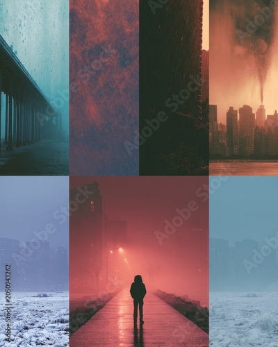 Cinematic montage: Solitary journey through foggy city ruins and dramatic architectural passage
