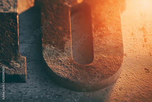 Sunlight illuminating vintage weathered stone initials and alphabet letters