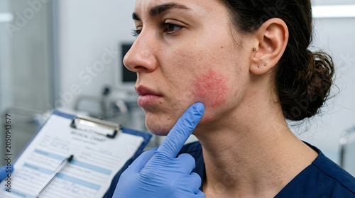 Dermatology consultation showing facial acne redness being assessed by a clinician.