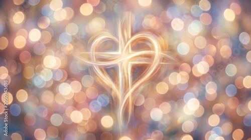 Beautiful glowing heart and cross abstract line art background with soft magical bokeh lights for Christian love and Easter concept.