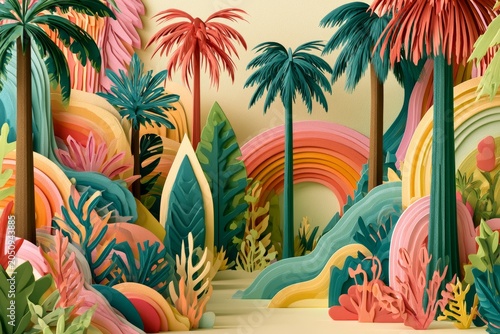 Tropical Paradise Diorama: Colorful Illustration of Palm Trees and Ocean Waves