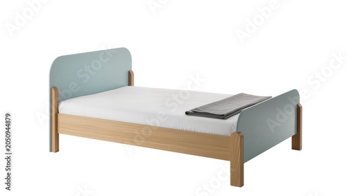Картината върху платно Modern wooden bed with light blue headboard and footboard white sheet, gray blan