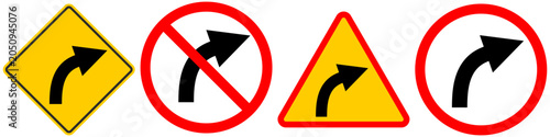 Traffic signs collection vector set. Right turn warning, no right turn prohibition, and mandatory direction road signs isolated on white background.