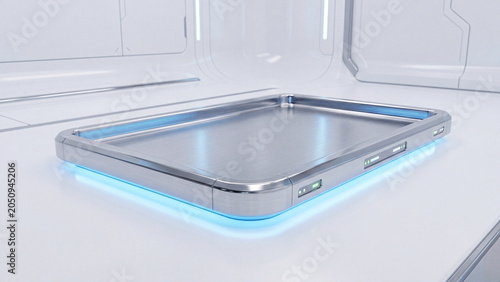 Sleek metallic futuristic display platform with glowing blue and green lights in a clean white environment.