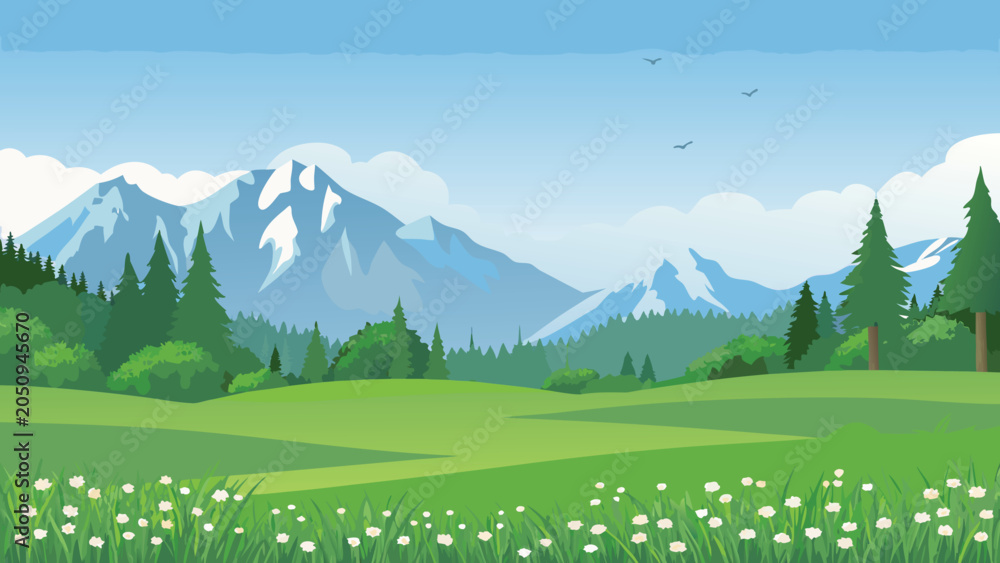 Obraz premium Mountain landscape with green meadow and blue sky vector illustration