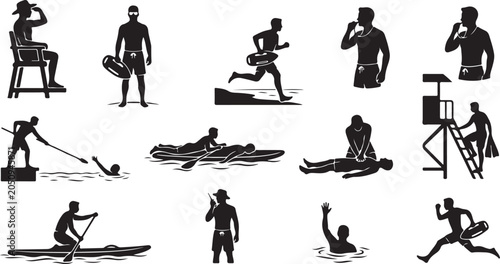 Fényképezés Lifeguard icons set, beach rescue and safety equipment