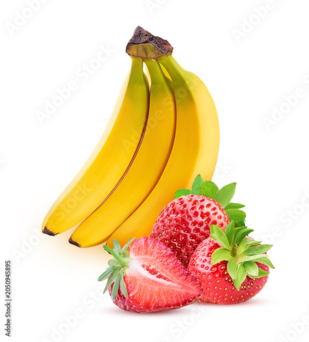 Bunch of bananas and two strawberries one cut in half