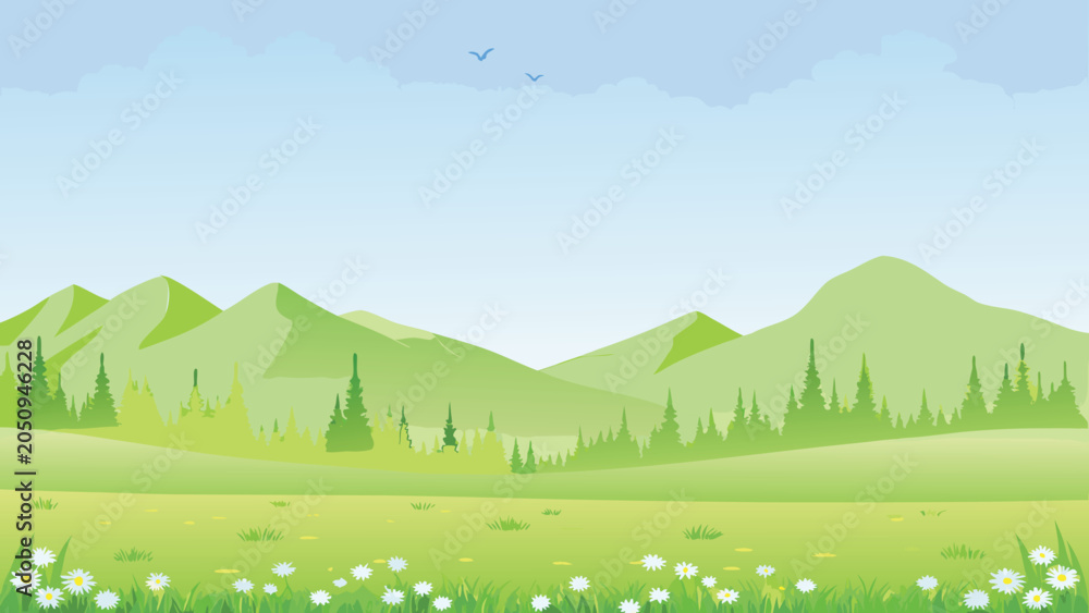 Fototapeta premium Green mountain landscape with meadow and blue sky vector illustration