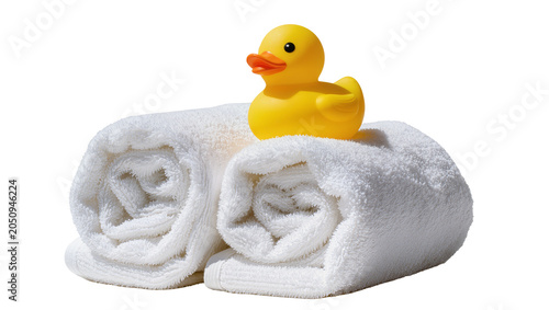 Slika na platnu Yellow rubber duck toy on rolled white bath towels