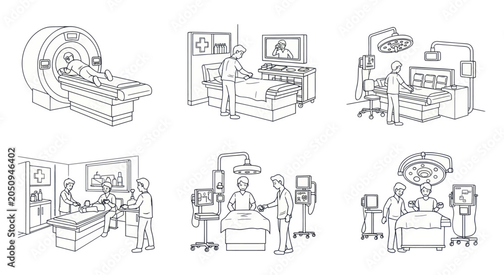 Naklejka premium Medical procedures and examinations in hospital settings, hand-drawn illustrations.