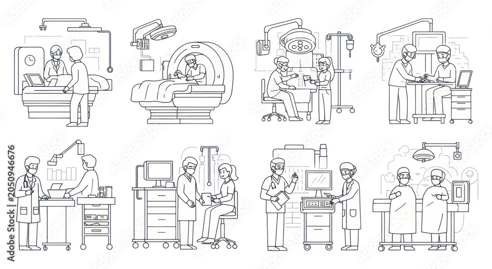 Obraz premium Medical Professionals Working in Hospital Environments with Patients and Equipment.