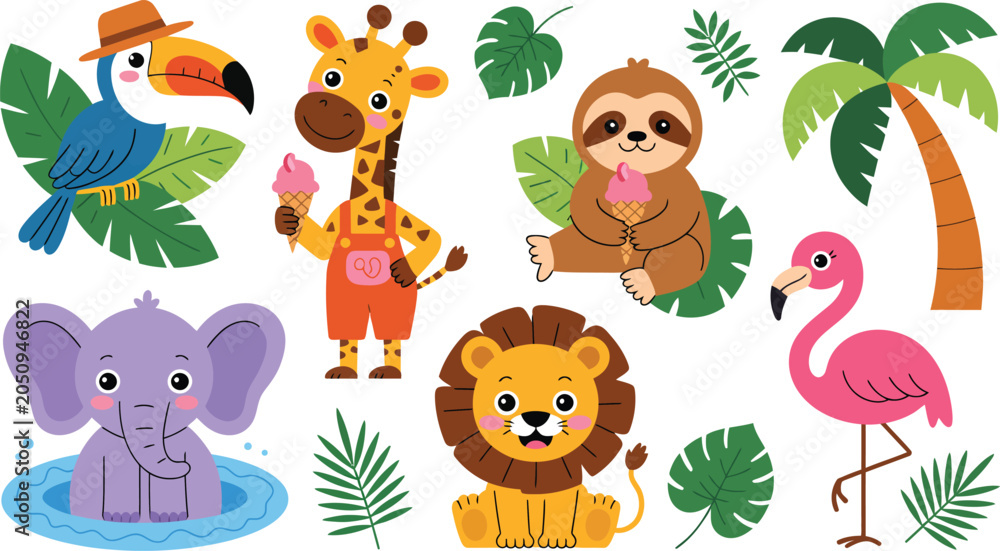 Fototapeta premium Cartoon illustration of tropical animals like elephant, giraffe, lion, and toucan enjoying ice cream.