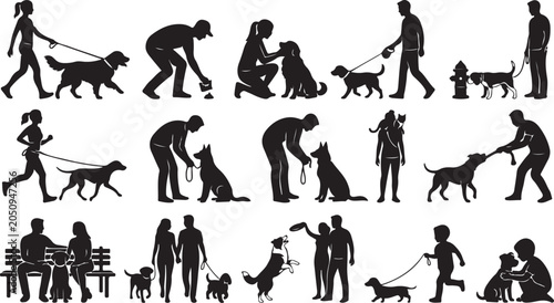 Tableau sur toile Set of silhouettes of people with dogs, walking, playing, training, sitting on b