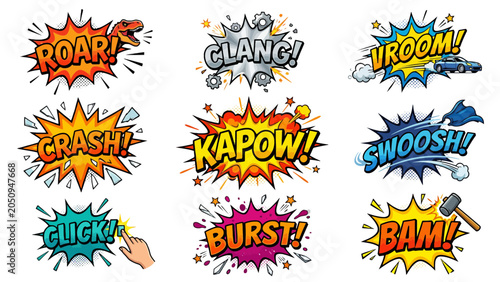 Colorful collection of vibrant vector comic book sound effect bubbles featuring dynamic action words for creative graphic design projects today