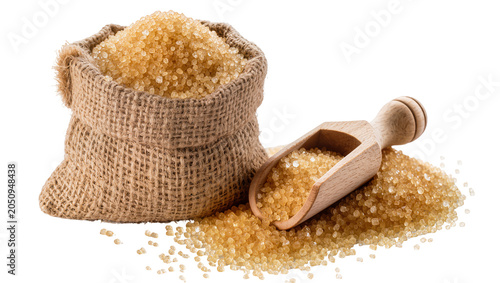 Fotografie Burlap sack filled with brown sugar and wooden scoop