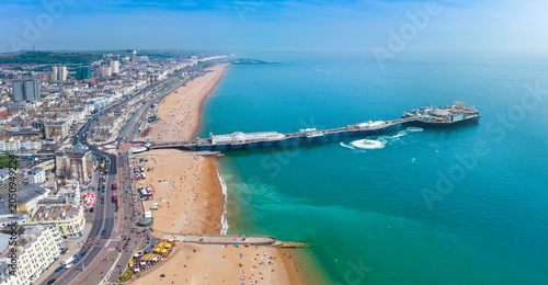 Panoramic aerial view of the cityscape of Brighton, East Sussex, England, with beach and pier during a summer day