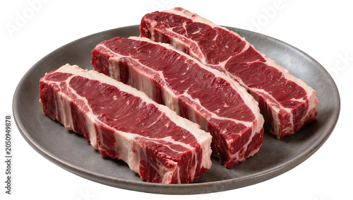 Foto Three raw beef steaks with fat marbling on a grey plate