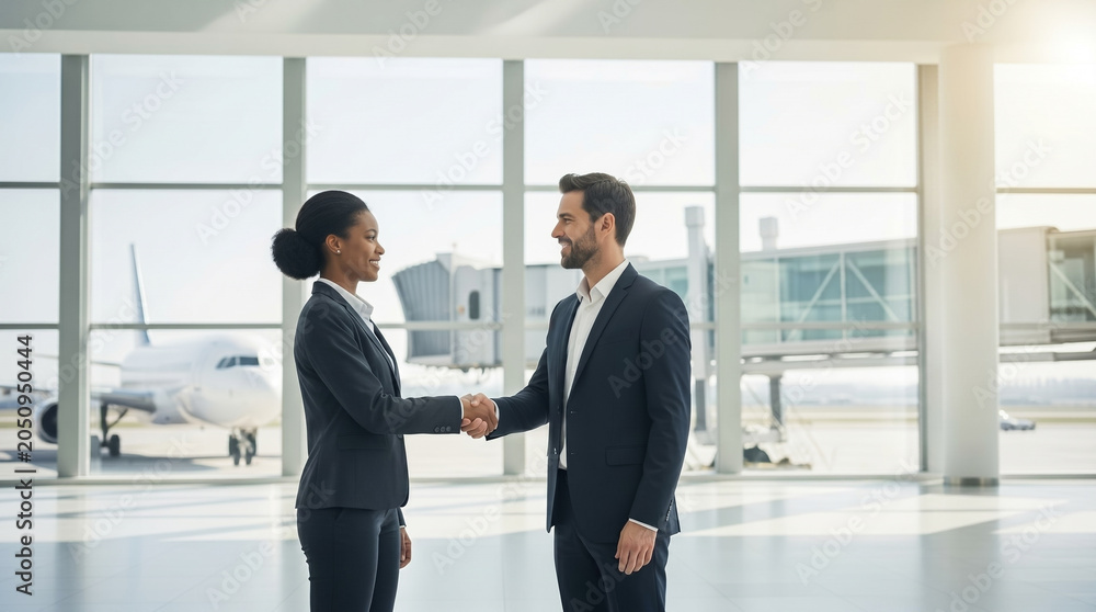 Fototapeta premium Diverse businessmen shaking hands in a modern airport terminal, representing global partnership and corporate mergers